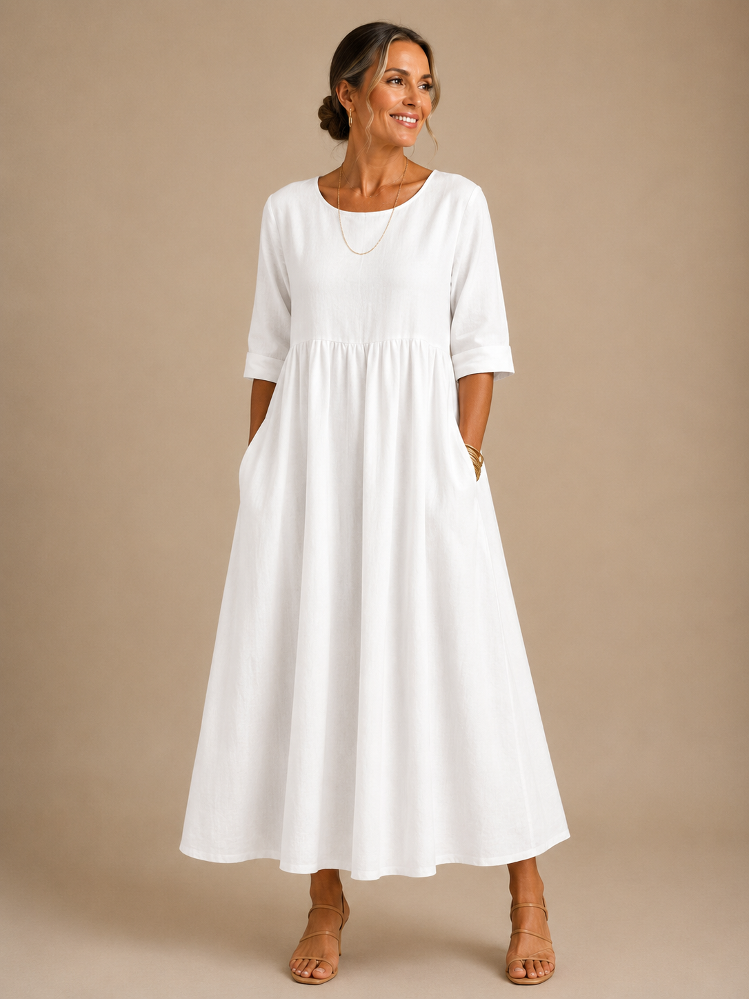 Round Neck Short Sleeve Linen Empire Waist Flowy Maxi Dress
