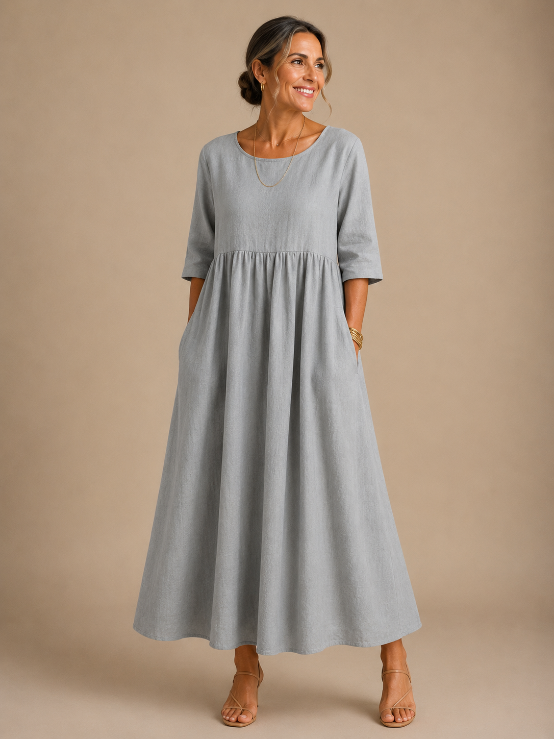 Round Neck Short Sleeve Linen Empire Waist Flowy Maxi Dress