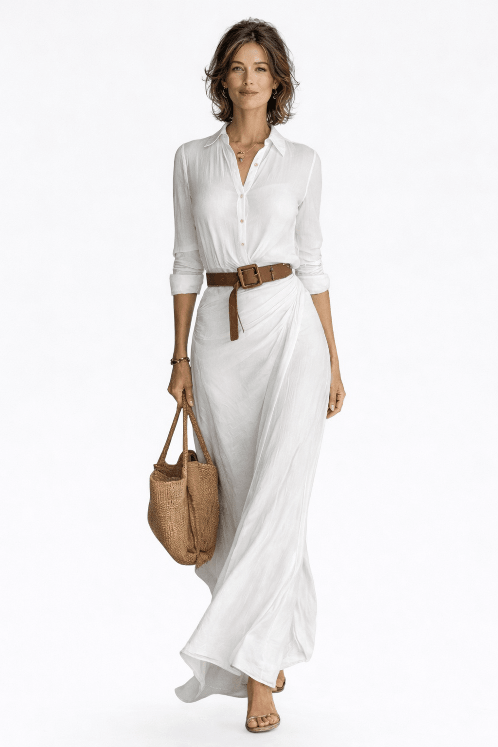 Collared Long Sleeve Belted Ruched Wrap Shirt Maxi Dress 3