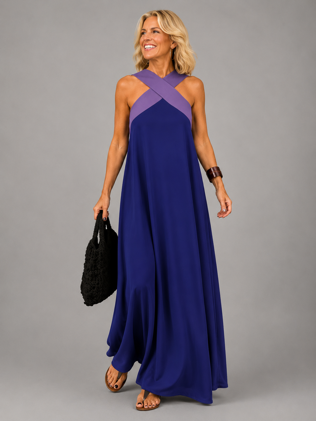 Cross Halter Neck Contrast Sleeveless Chiffon Flowy Maxi Dress