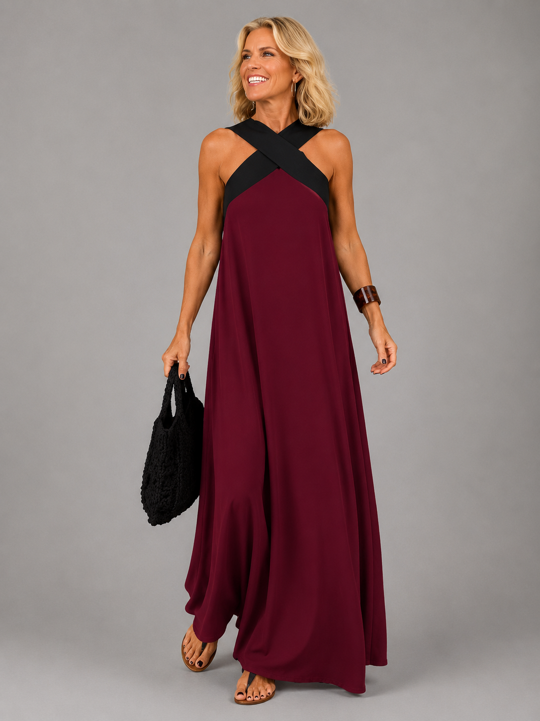 Crossover Halter Neck Contrast Chiffon Trapeze Maxi Dress 4