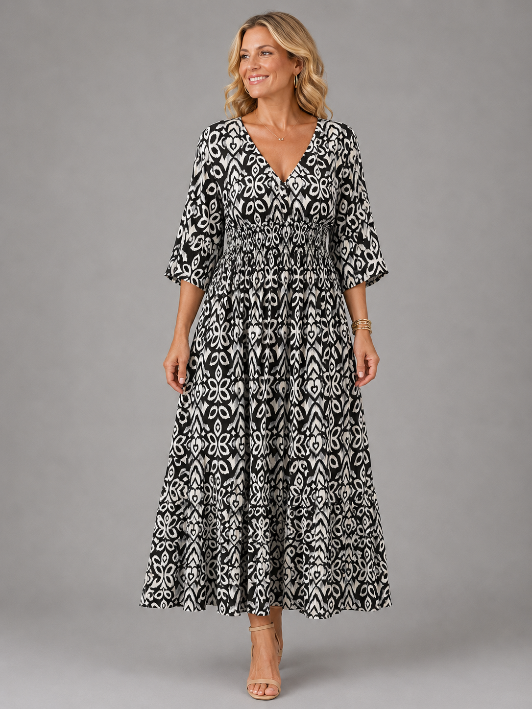 V-Neck Ikat Print Shirred Waist Half Sleeve A-Line Maxi Dress