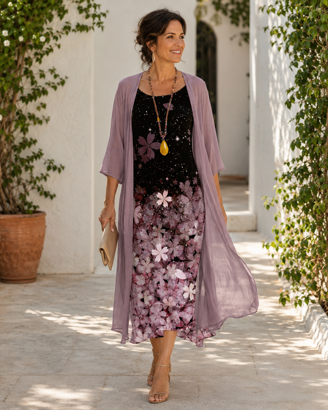 Floral Slip Midi Dress And Sheer Chiffon Duster Set