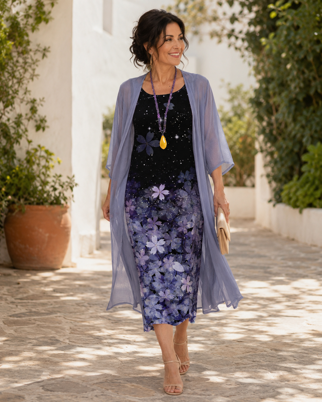 Floral Slip Midi Dress And Sheer Chiffon Duster Set 2