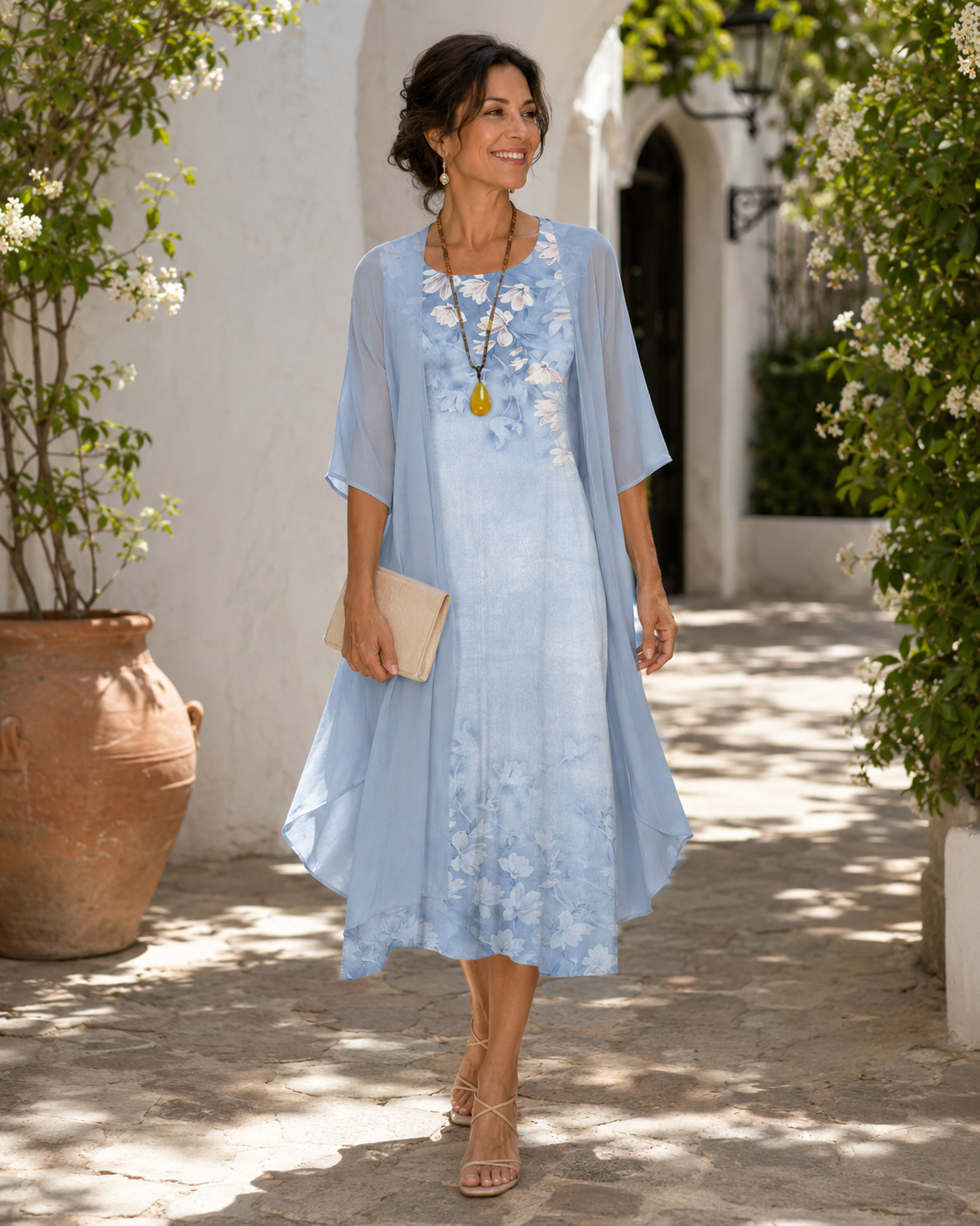 Scoop Neck Floral Slip Dress And Sheer Chiffon Duster Set 2