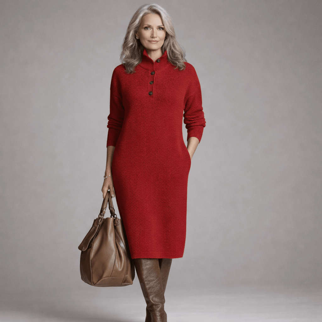 High Neck Button Placket Long Sleeve Ribbed Knit Sweater Midi Dress
