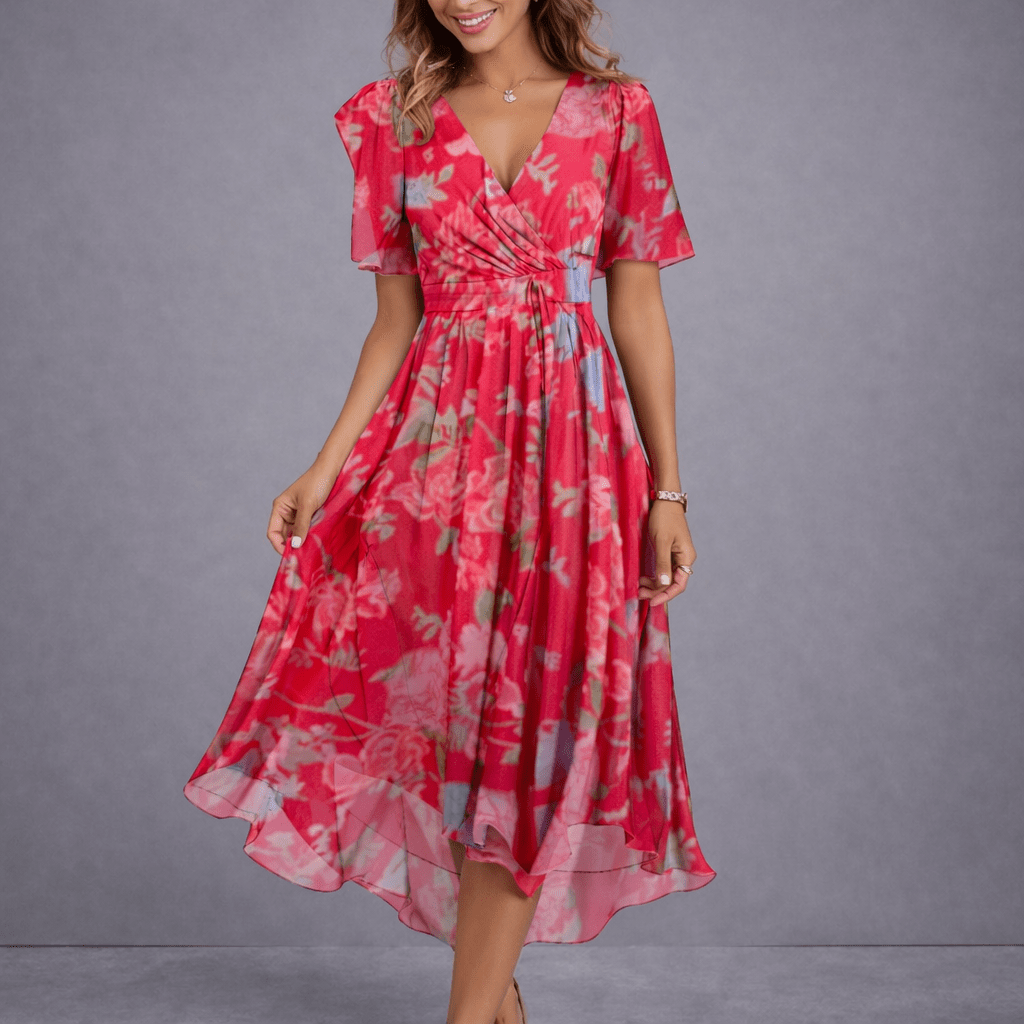 V-Neck Floral Flutter Sleeve Chiffon Wrap A-Line Midi Dress