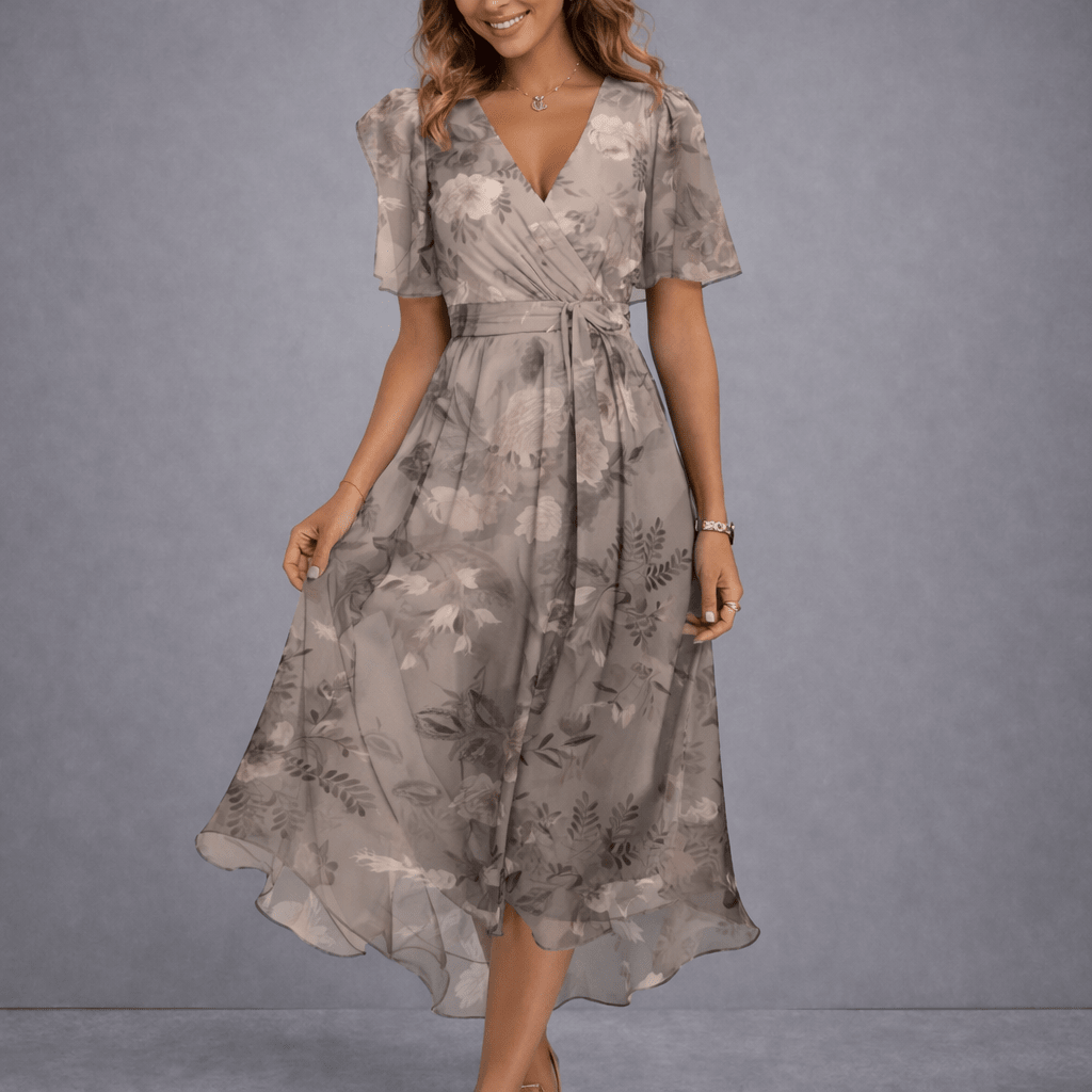 V-Neck Floral Flutter Sleeve Chiffon Wrap A-Line Midi Dress