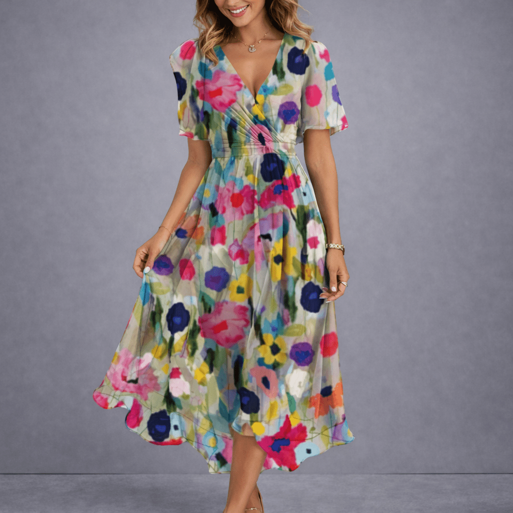 V-Neck Floral Flutter Sleeve Chiffon Wrap A-Line Midi Dress