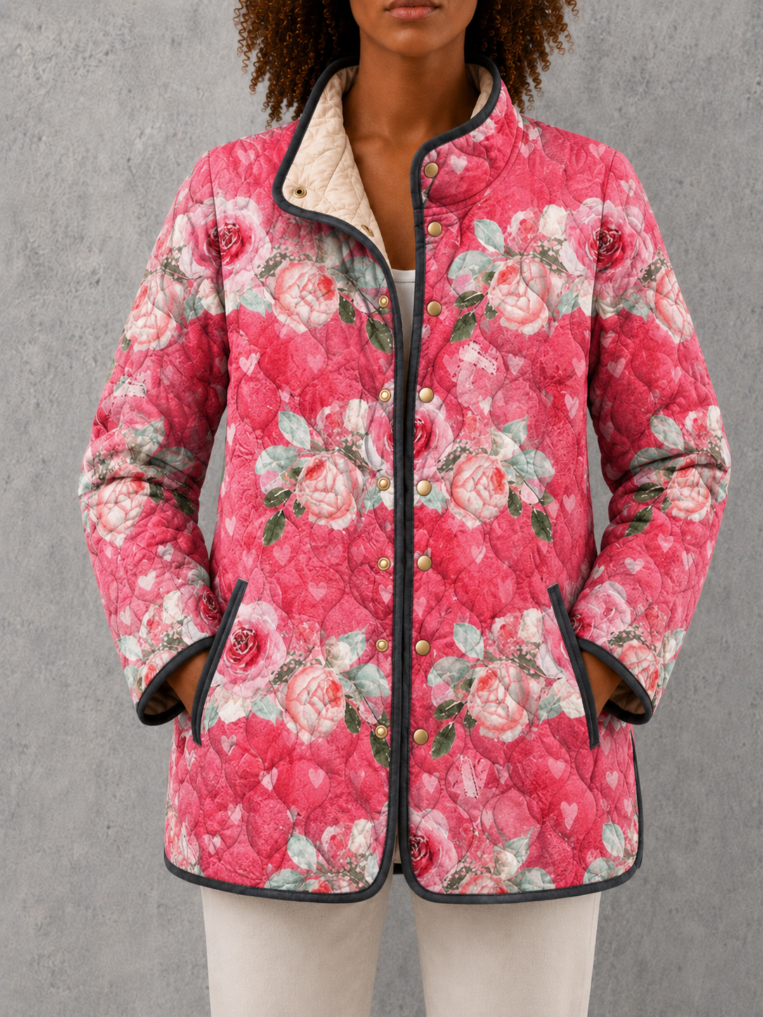 Pink Stand Collar Rose Floral Print Quilted Snap Front Jacket