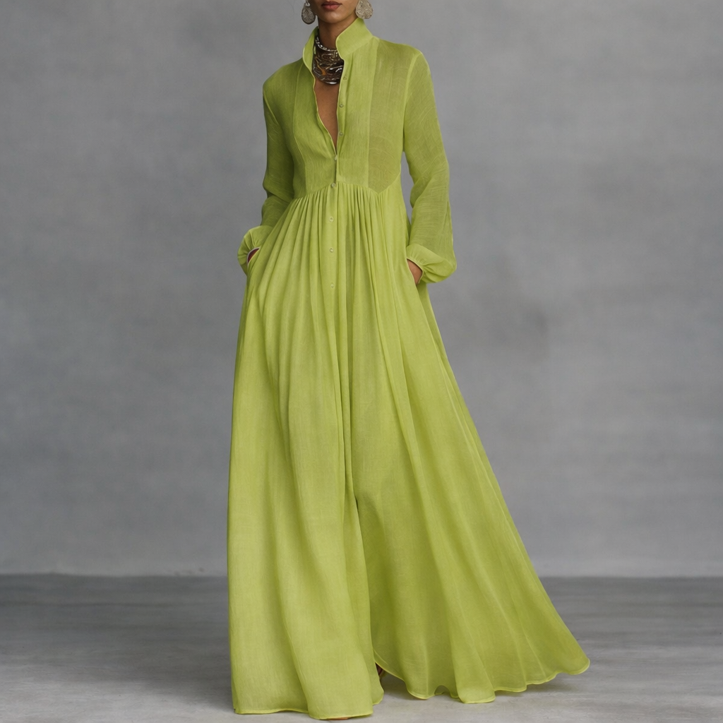 Stand Collar Button Front Long Sleeve Linen Pleated A-Line Maxi Dress 2