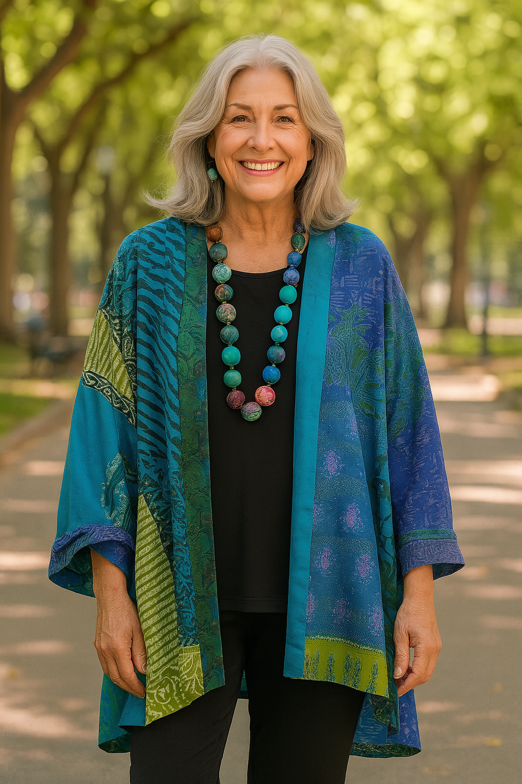 Open Front Patchwork Print Kimono Jacket