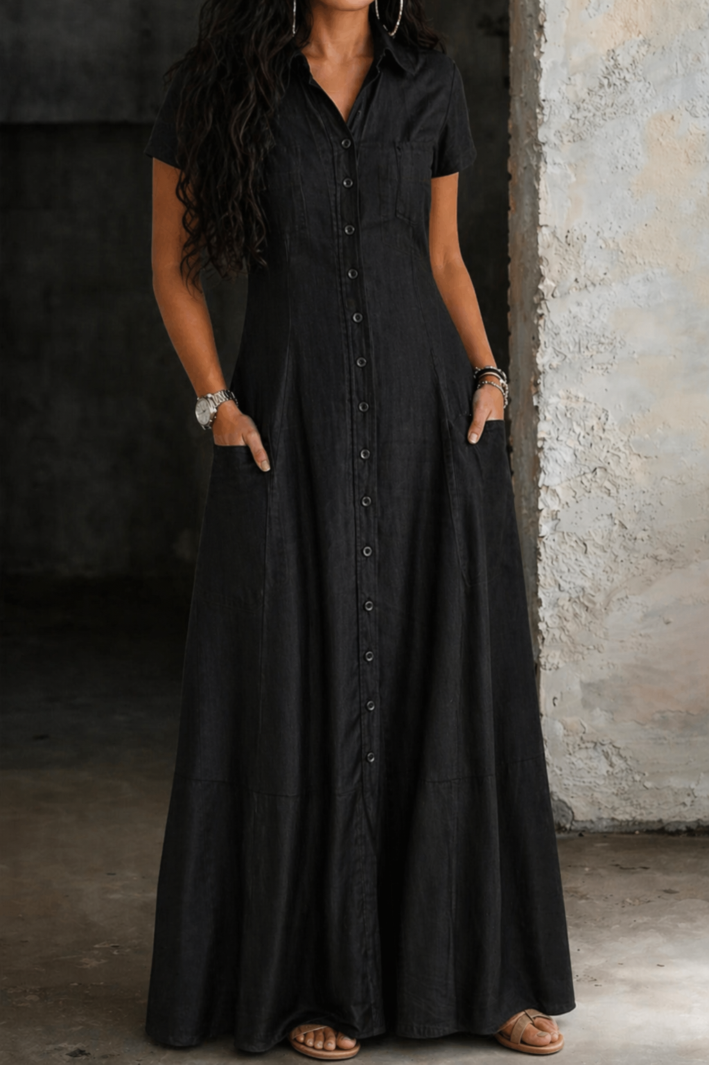Black Collared Denim Button Front Short Sleeve Pocket A-Line Maxi Dress