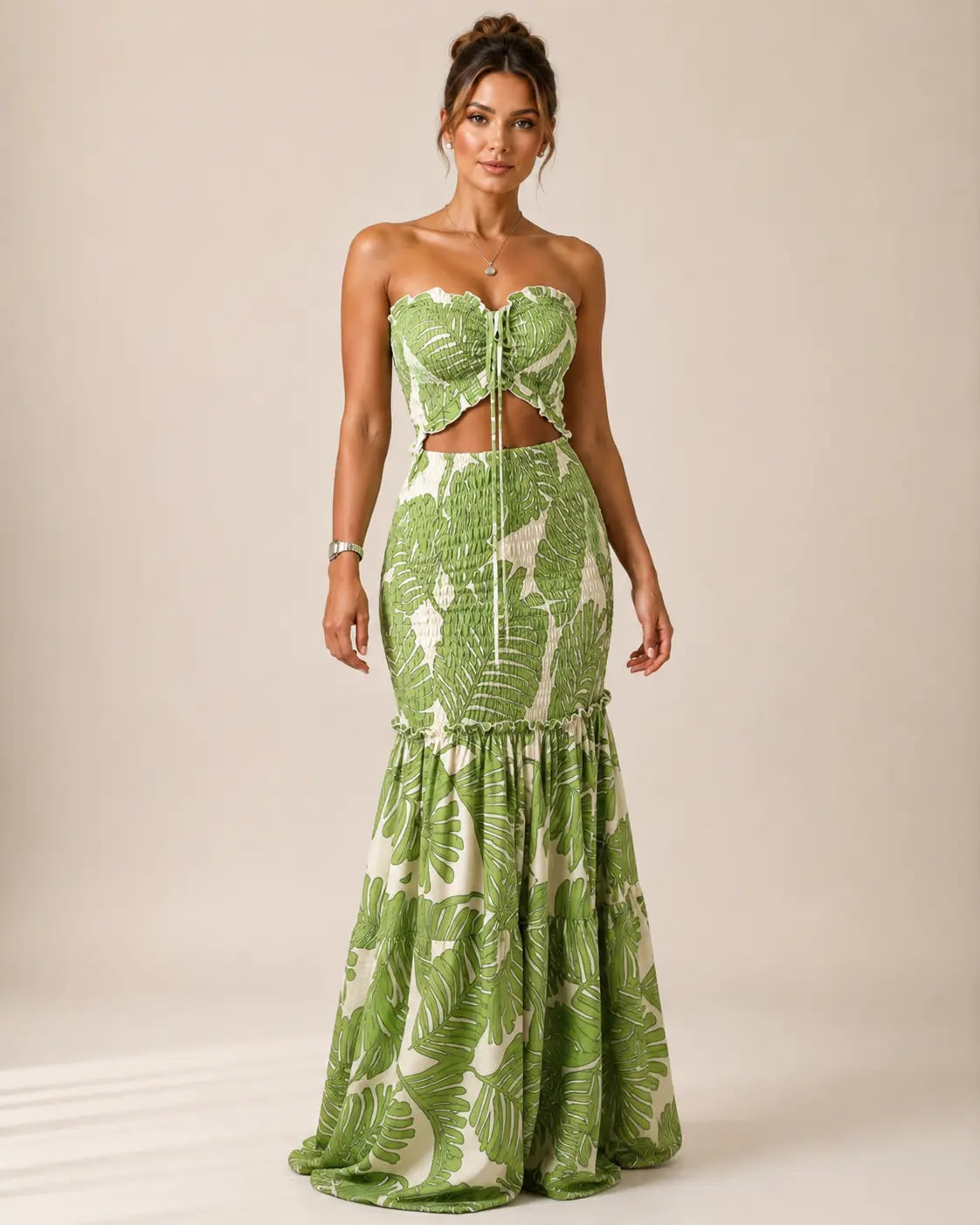 Strapless Sweetheart Smocked Floral Butterfly Cutout Tiered Mermaid Maxi Dress 4