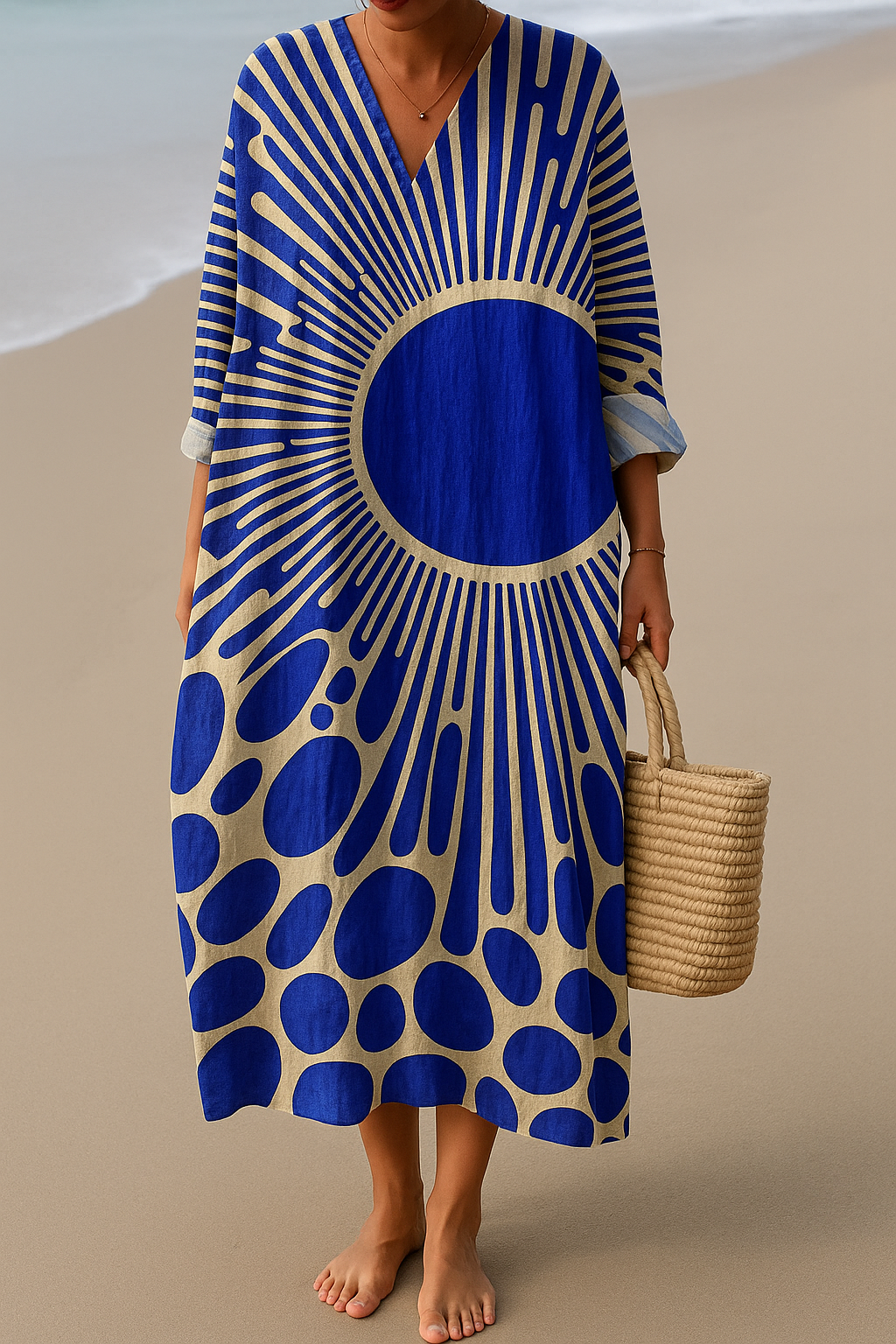 V-Neck Long Sleeve Sunburst Geometric Print Shift Maxi Dress
