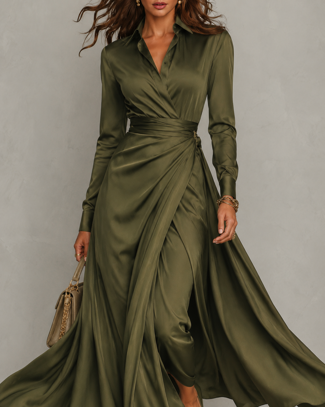 Collared Satin Wrap Twist Waist High Slit Maxi Dress 5