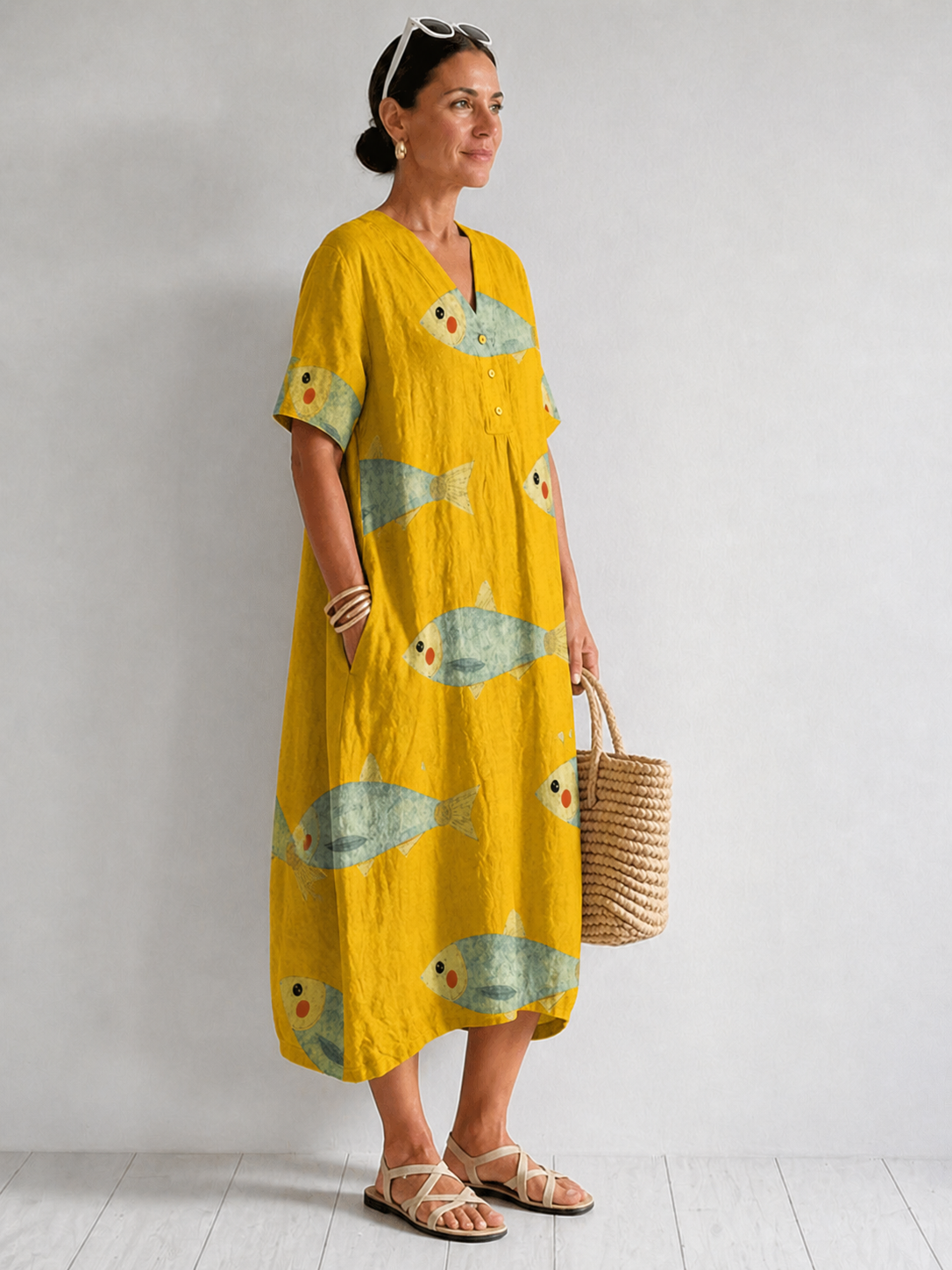 V-Neck Button Placket Fish Print Short Sleeve Linen Cocoon Midi Dress 2