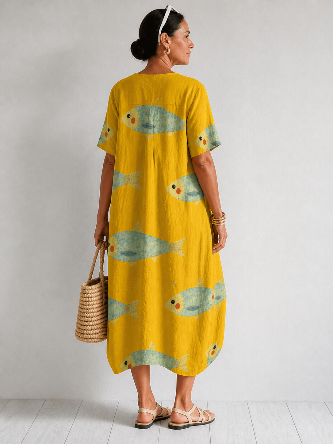 V-Neck Button Placket Fish Print Short Sleeve Linen Cocoon Midi Dress 3