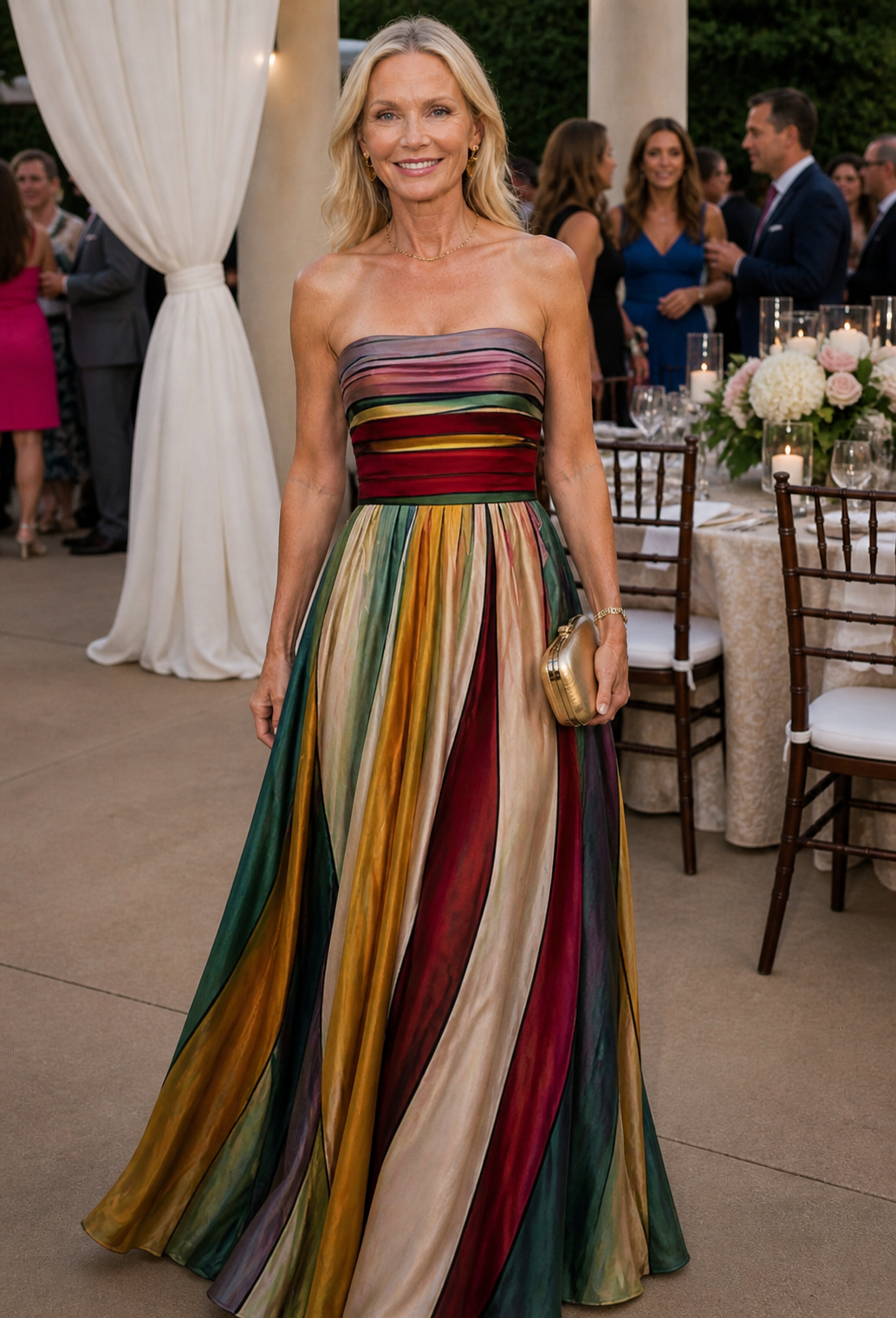 Strapless Striped Pleated A-Line Flared Maxi Gown 2