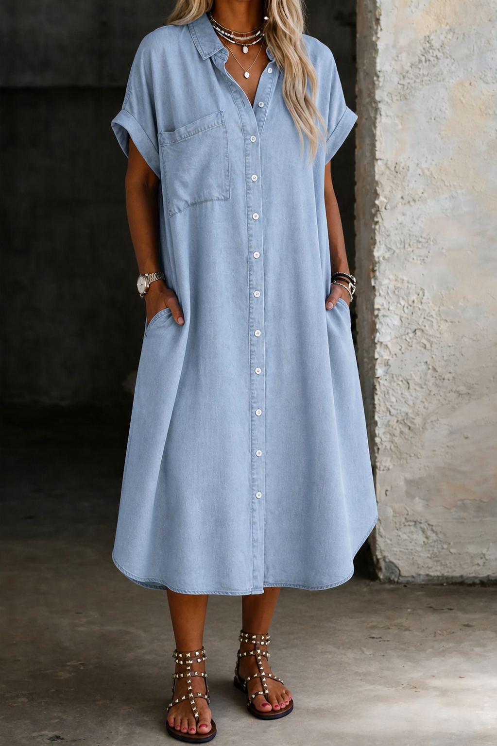 Light Blue Collared Button Front Short Sleeve Denim Pocket Shirt Midi Dress