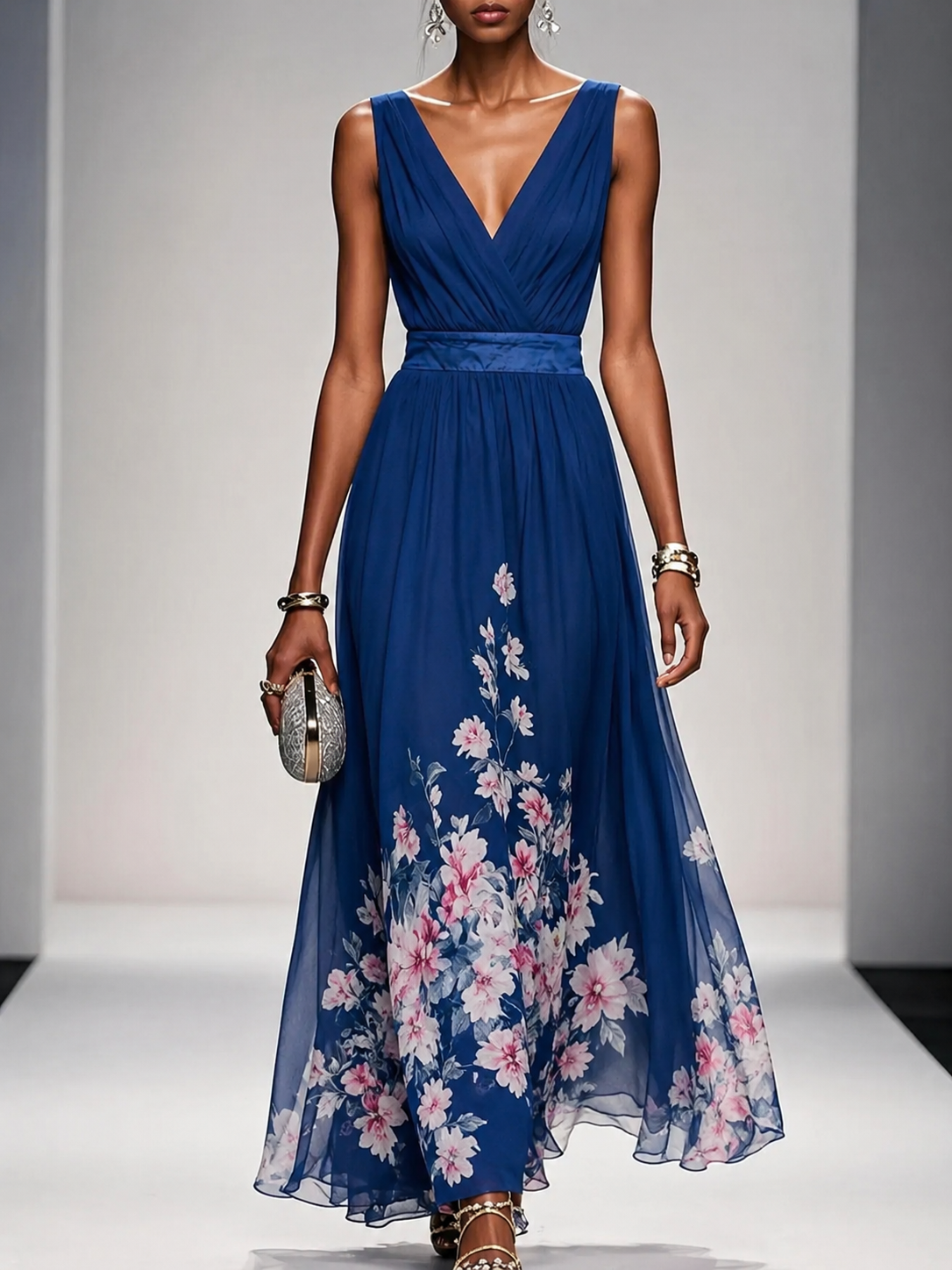 Surplice V-Neck Sleeveless Floral Border Chiffon A-Line Maxi Dress
