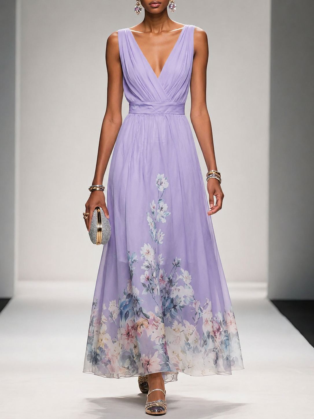Surplice V-Neck Sleeveless Floral Border Chiffon A-Line Maxi Dress
