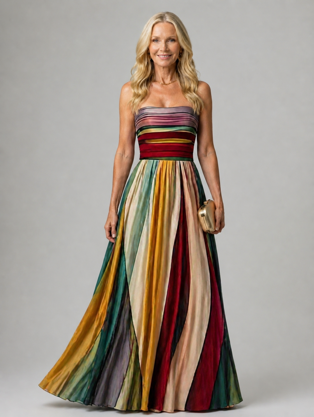 Strapless Striped Pleated A-Line Flared Maxi Gown