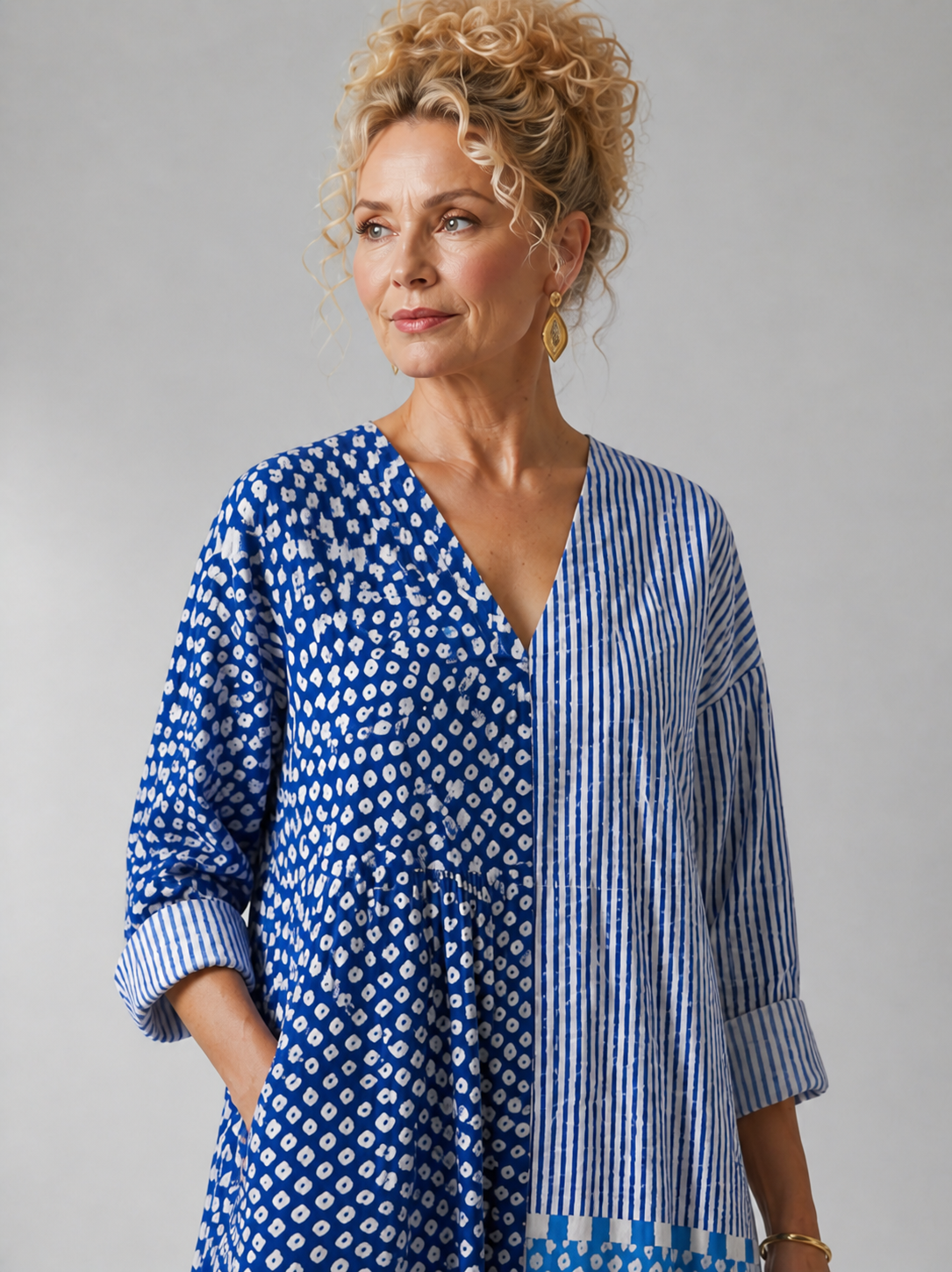 V-Neck Mixed Print Patchwork Long Sleeve Pocket A-Line Maxi Dress 3