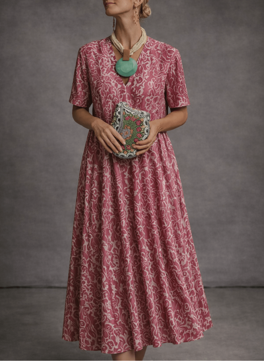 Split Neck Ikat Print Short Sleeve A-Line Midi Dress