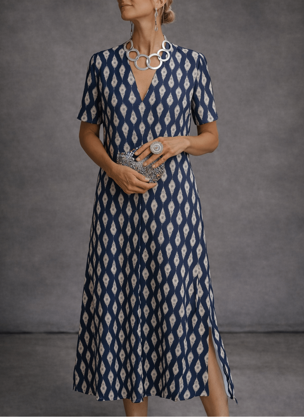 Split Neck Ikat Print Short Sleeve A-Line Midi Dress