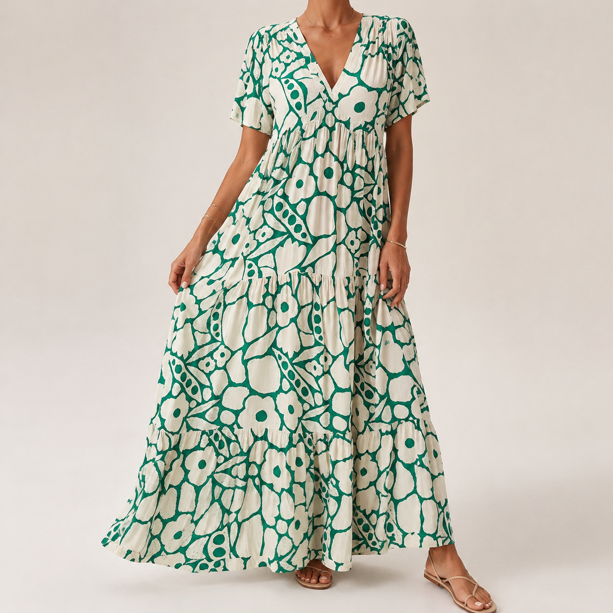 V-Neck Flutter Sleeve Retro Floral Tiered Flowing A-Line Maxi Dress