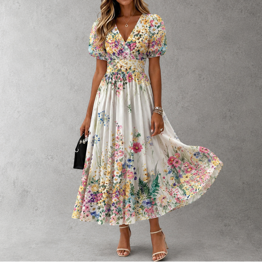 Floral V-Neck Puff Sleeve Floral Print Smocked Waist A-Line Maxi Dress