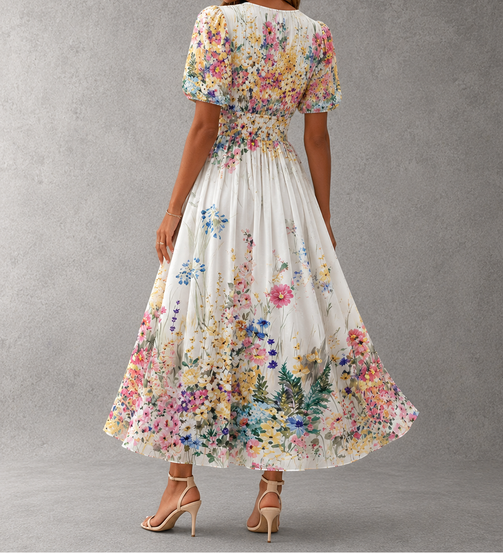 Floral V-Neck Puff Sleeve Floral Print Smocked Waist A-Line Maxi Dress 3
