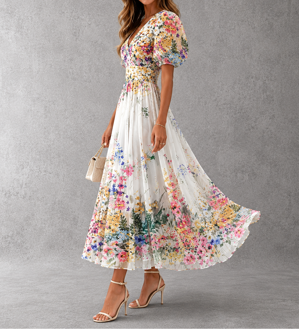 Floral V-Neck Puff Sleeve Floral Print Smocked Waist A-Line Maxi Dress 2