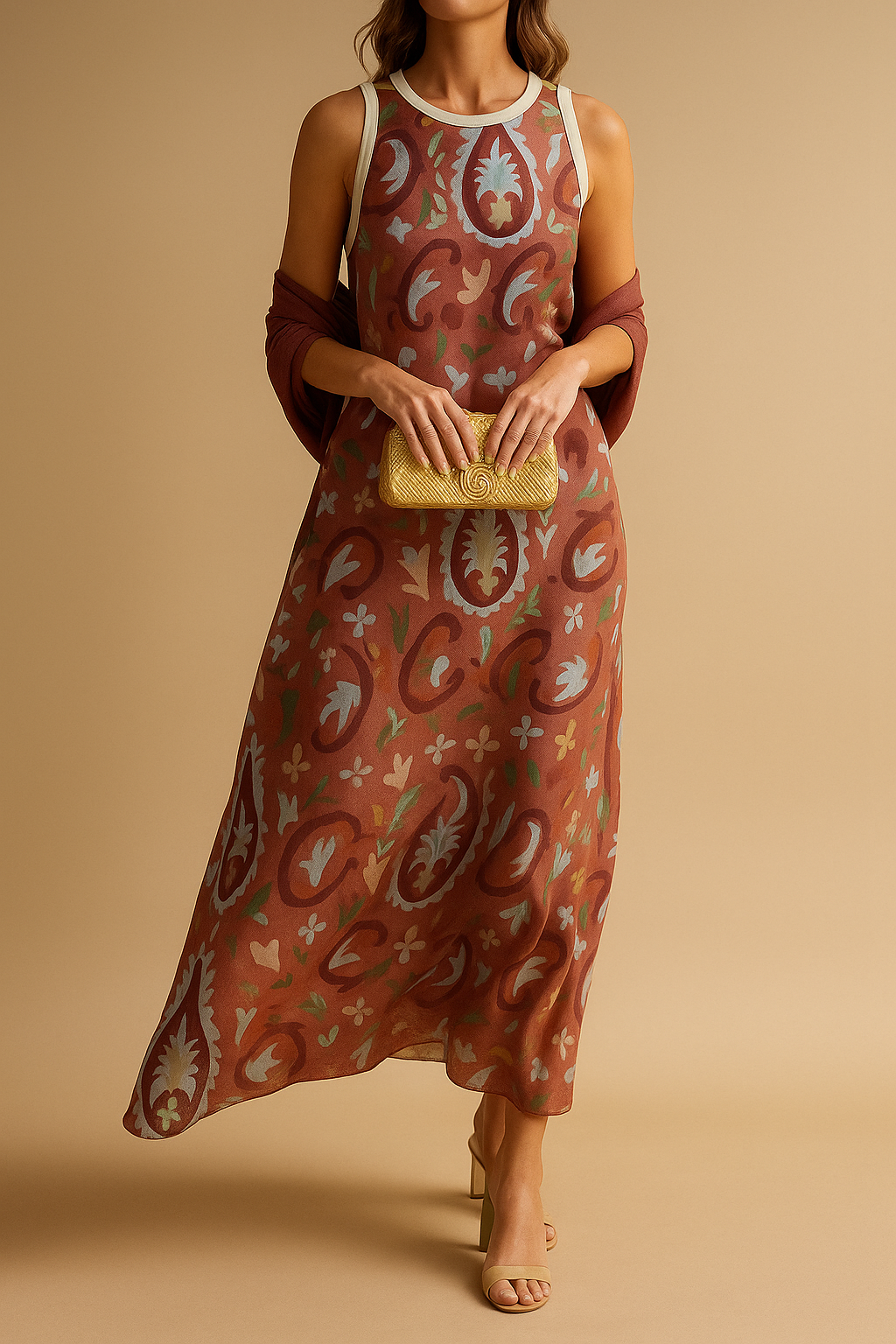 Round Neck Paisley Print Sleeveless Maxi Dress Set