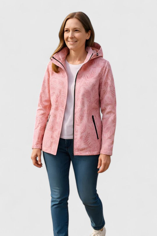 Hooded Tropical Leaf Print Zip Front Long Sleeve Windbreaker Jacket