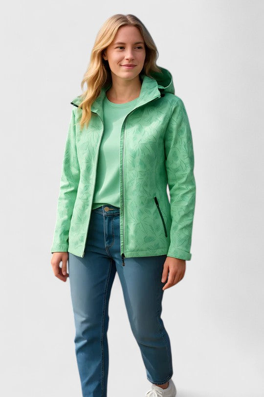 Hooded Tropical Leaf Print Zip Front Long Sleeve Windbreaker Jacket