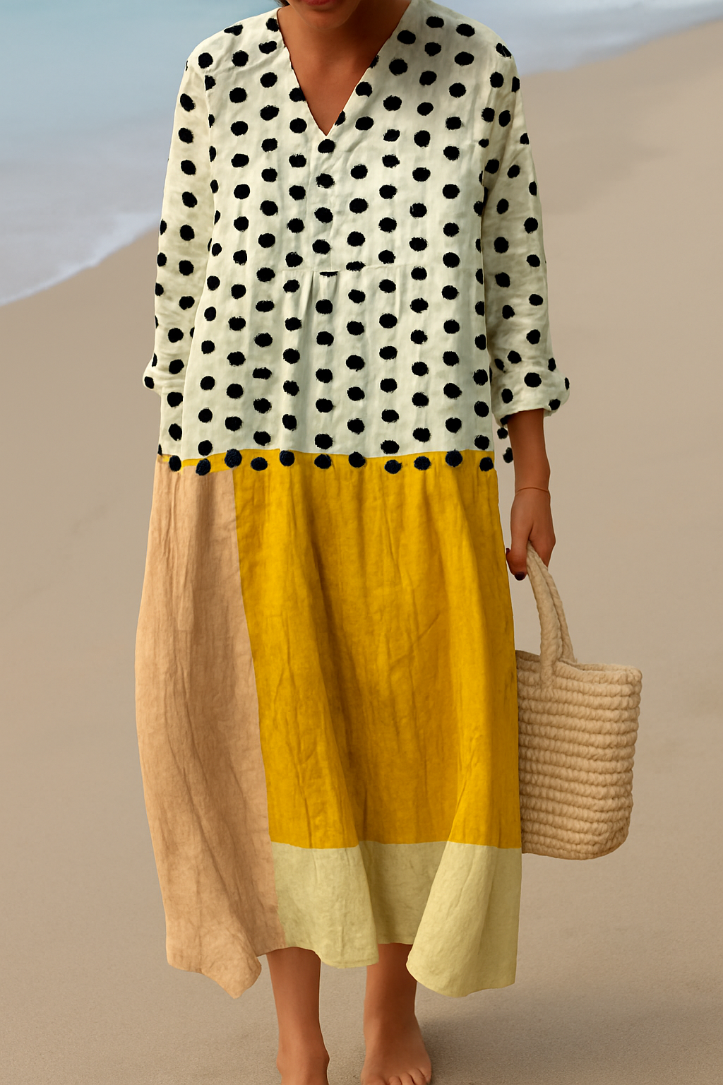 Split Neck Polka Dot Colorblock Long Sleeve Shift Midi Dress