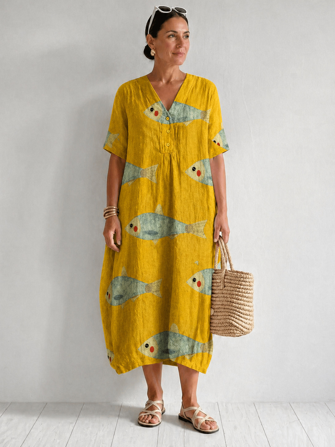 V-Neck Button Placket Fish Print Short Sleeve Linen Cocoon Midi Dress