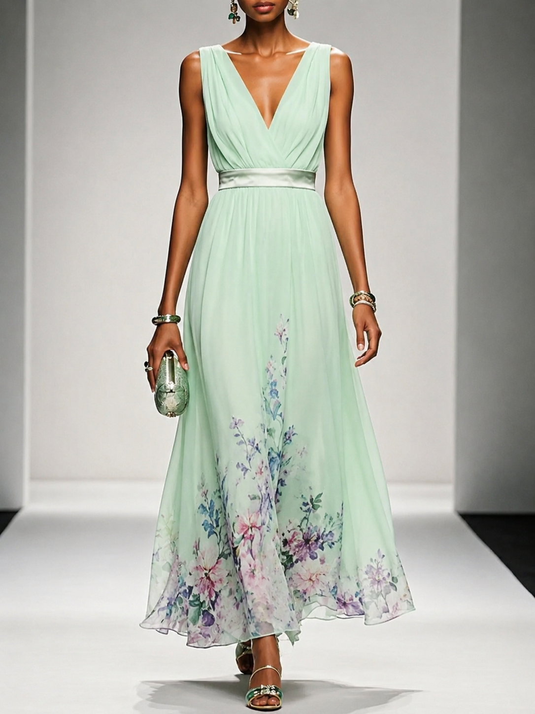 Surplice V-Neck Sleeveless Floral Border Chiffon A-Line Maxi Dress