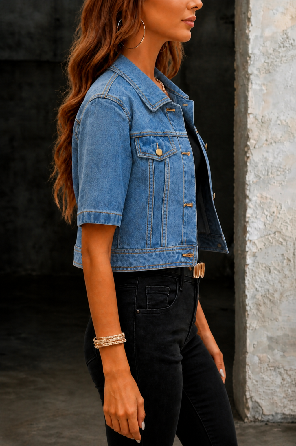 Blue Collared Button Front Short Sleeve Cropped Denim Jacket 3