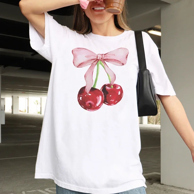 Cherry Bow Printed Vintage T-shirt WHITE / S t-shirt-250223