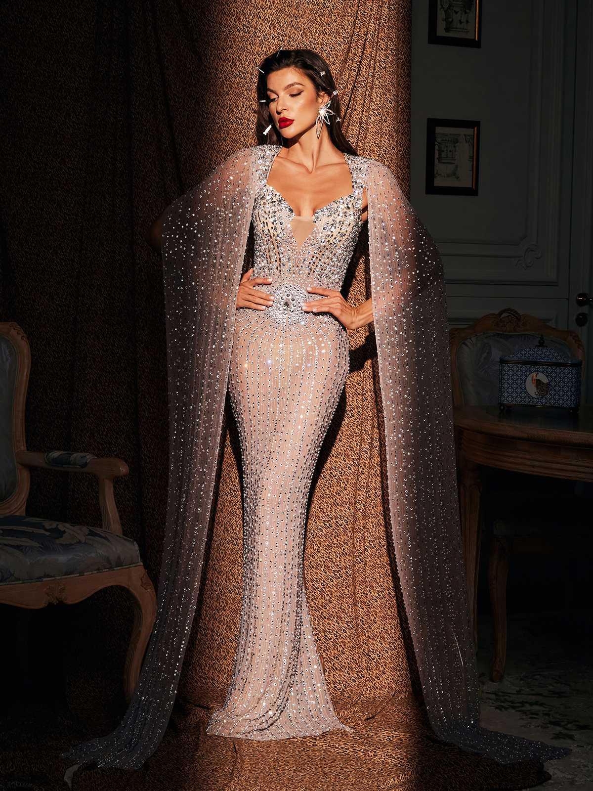 Rhinestone Cape Maxi Dress