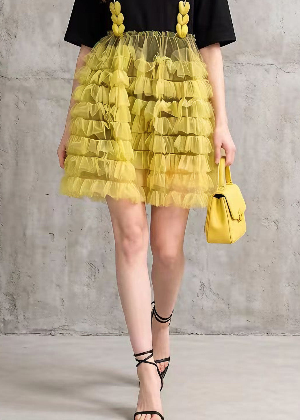 Chic Black Tulle Ruffled Patchwork Cotton Mid Dress Summer