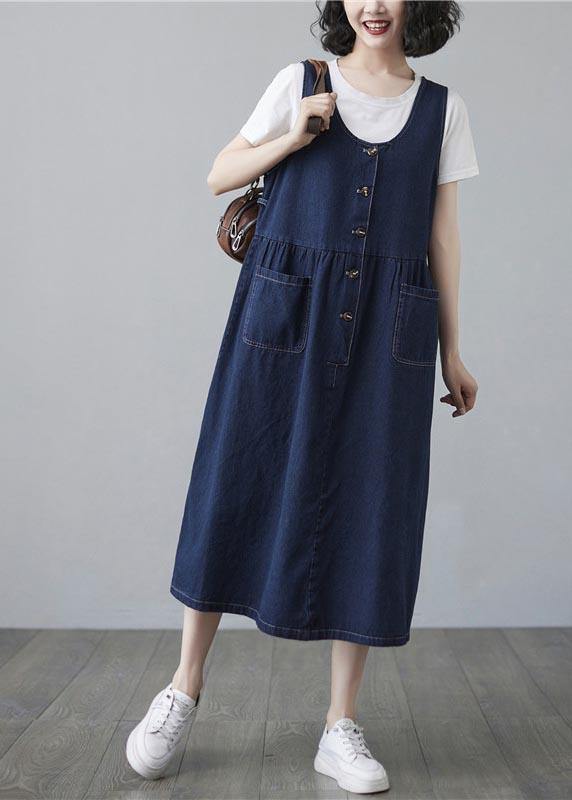 Chic Blue Summer Pockets Button Cotton Dresses