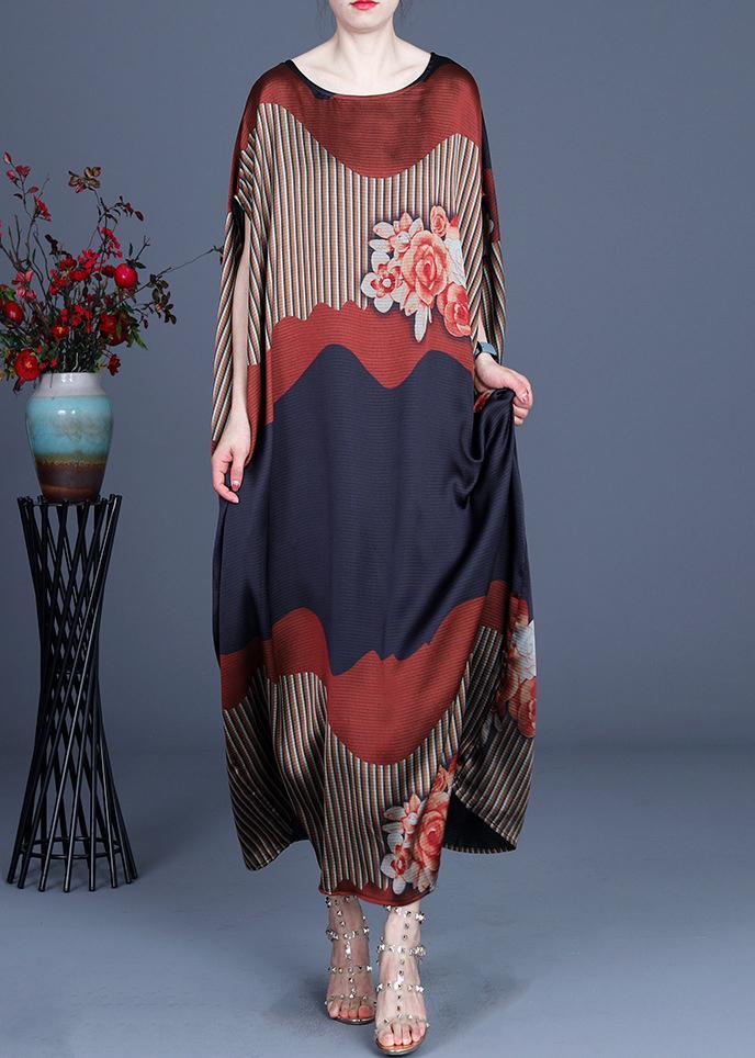 Chic Color block Batwing Sleeve Silk Maxi Dresses Summer Spring