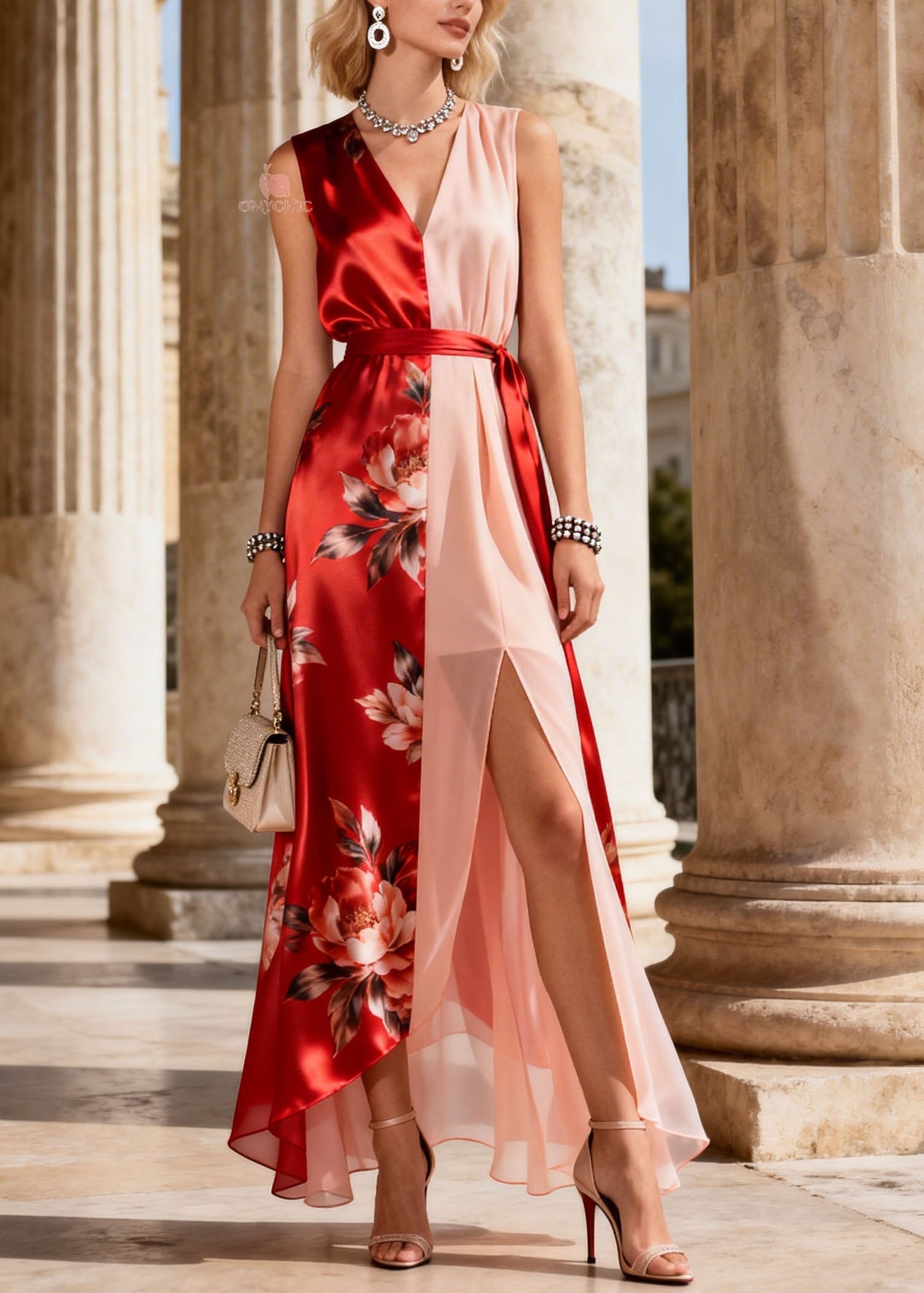 Chic Colorblock V Neck Asymmetrical Print Chiffon Dress Sleeveless