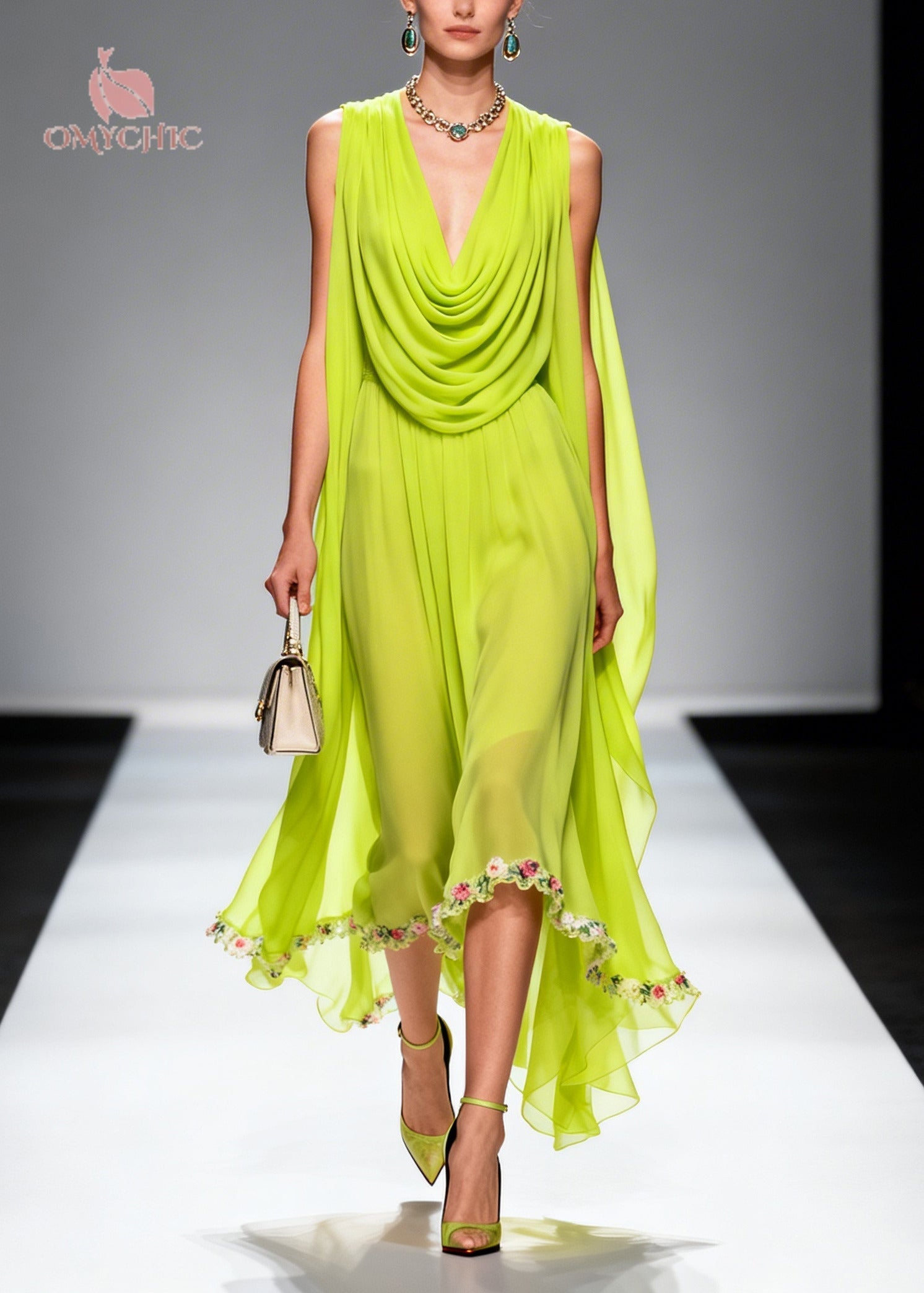 Chic Fluorescent Green Turtle Neck Floral Chiffon Long Dresses Summer