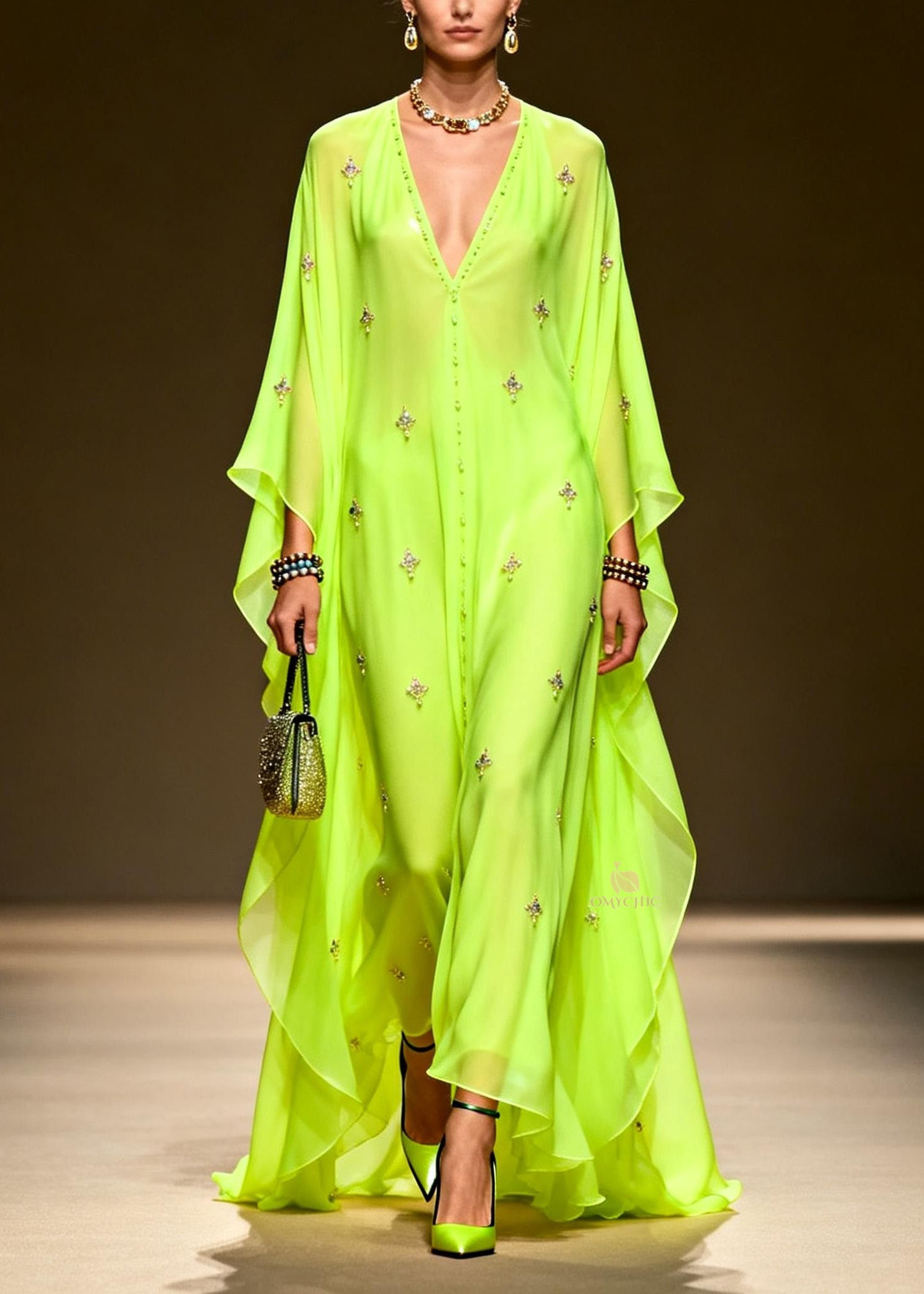 Chic Green V Neck Zircon Chiffon Maxi Dress Spring