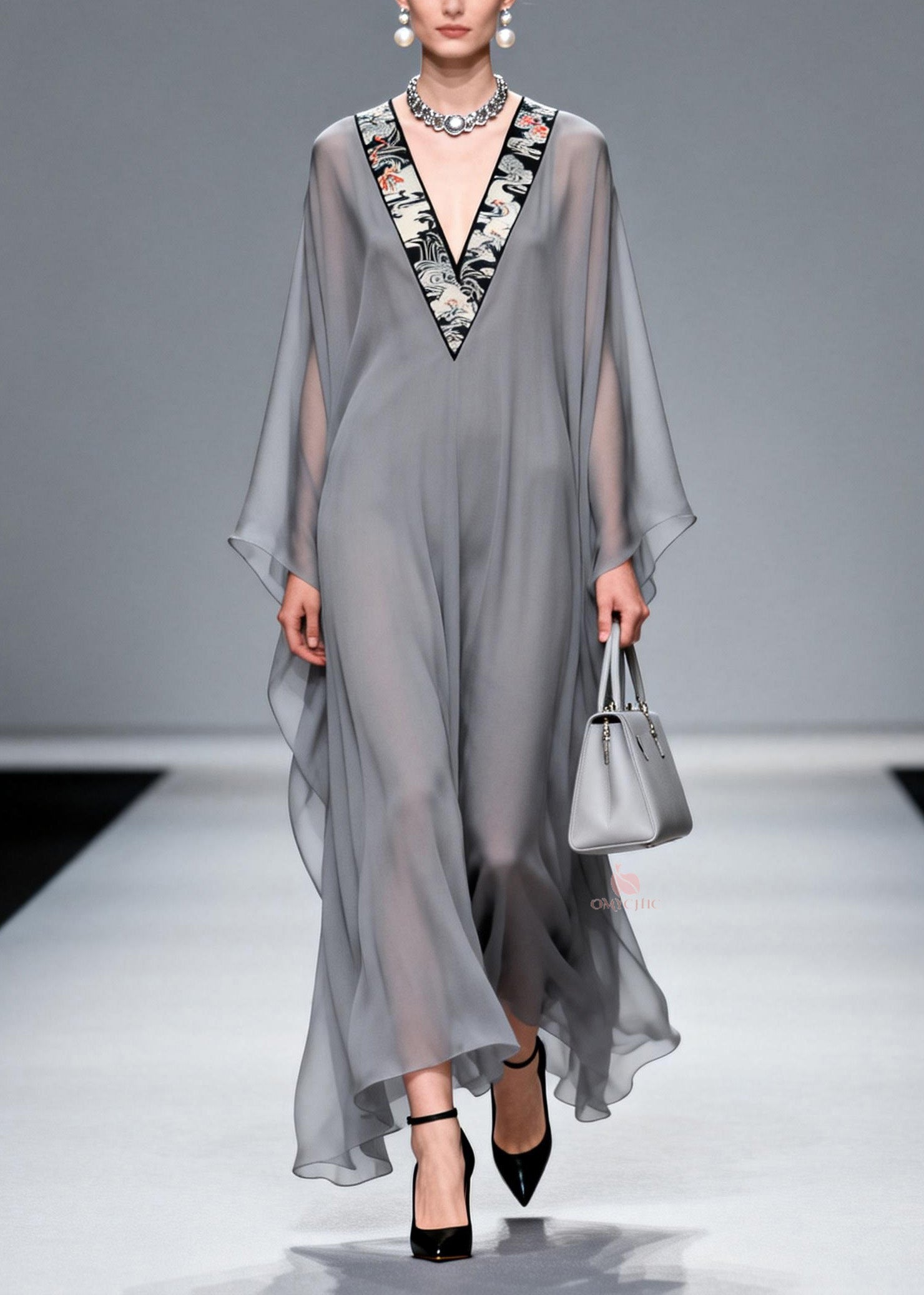 Chic Grey V Neck Patchwork Chiffon Long Dress Spring